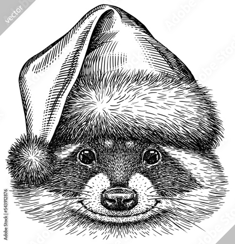 Vintage vector engrave isolated dressed christmas raccoon set illustration santa costume cut ink sketch. Wild pet background line new year hat racoon art