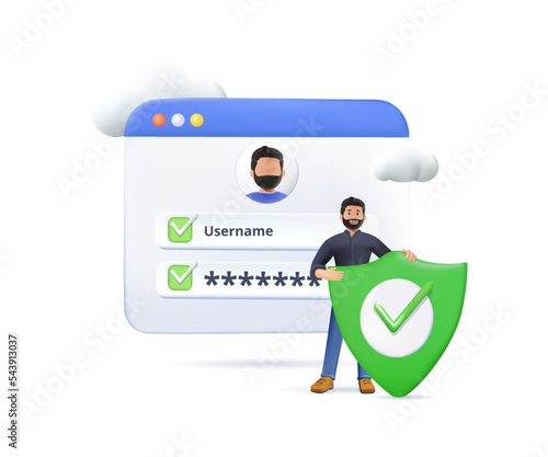 People register online 3D render illustration. Registration or sign up user interface. Users use secure login and password. Data protection online registration, sign up, user interface. Vector