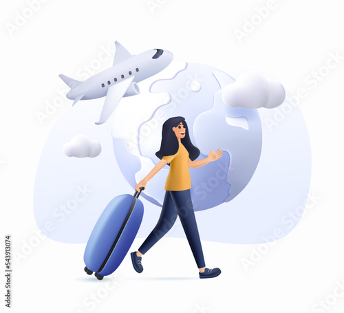 3D Businesswoman or entrepreneur carrying suitcase hurries to board departing aircraft. Concept of business travel or tourism, work in trip. Modern 3D render colorful vector illustration for banner