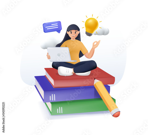 3D Young girl student sitting on pile of books and using laptop. 3D render illustration of e learning and tutorial concept. Student life, online tutorial, seminar, lecture. Courses vector illustration