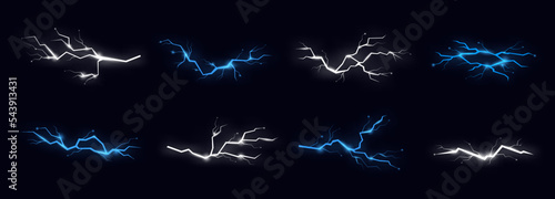 Flash thunderbolt elements. Light charge, thunder hit blue and white colors. Electrical power, energy bright effects. Lightning racy vector collection