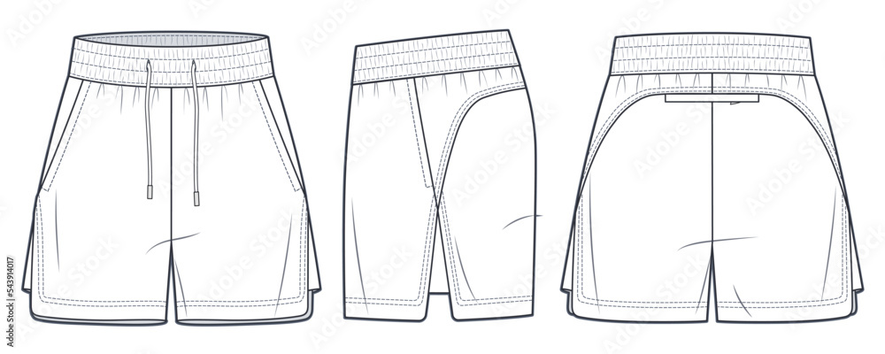 Sport Shorts technical fashion illustration. Sweat Short Pants fashion flat  technical drawing template, elastic waist, pockets, front, side and back  view, white, women, men, unisex CAD mockup set. Stock Vector | Adobe