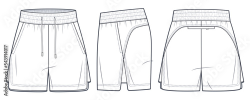 Sport Shorts technical fashion illustration. Sweat Short Pants fashion flat technical drawing template, elastic waist, pockets, front, side and back view, white, women, men, unisex CAD mockup set.