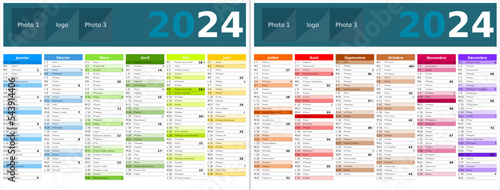 Calendrier 2024 12 mois au format 320 x 420 mm recto verso entièrement modifiable via calques et texte sans serif