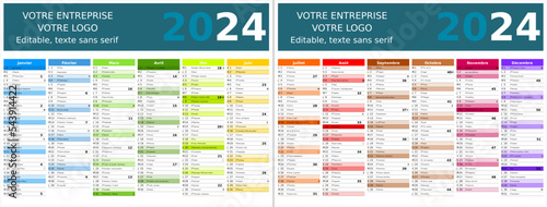 Calendrier 2024 12 mois au format 320 x 420 mm recto verso entièrement modifiable via calques et texte sans serif	