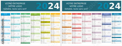 Calendrier 2024 12 mois au format 320 x 420 mm recto verso entièrement modifiable via calques et texte sans serif	