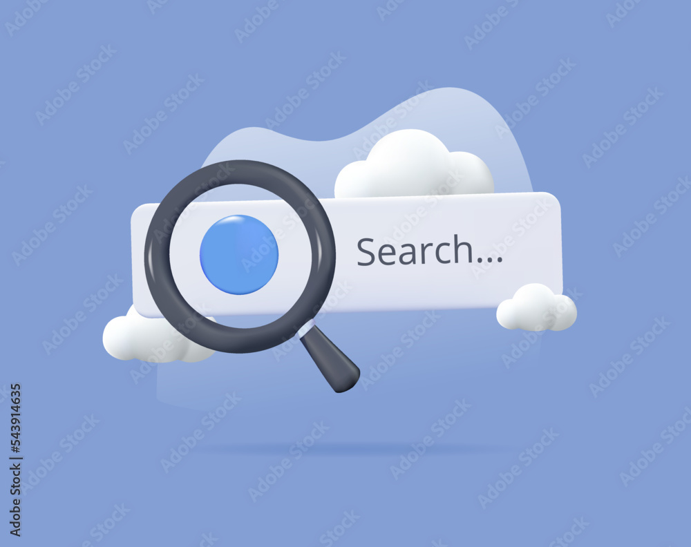 3d search tab. Magnifying glass 3d search icon, optical search cartoon style. Web interface research magnifier. SEO 3d search tab. Magnifying glass 3d search icon, optical search cartoon style. Web interface research magnifier. SEO