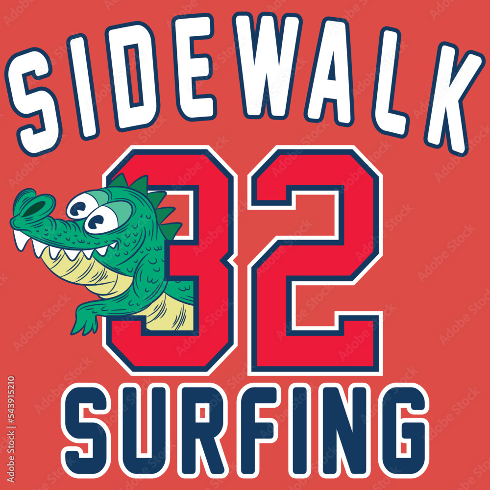 Illustration lizard with college design, text Side Walk Surfing, and number 32, Varsity style.