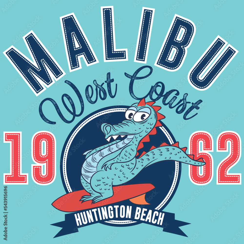 Illustration lizard surfboard with college design, text Malibu West Coast, Huntington Varsity style.