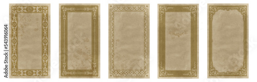 Set of ornamental frames for playing cards, invitations, menus... on aged and stained paper background.