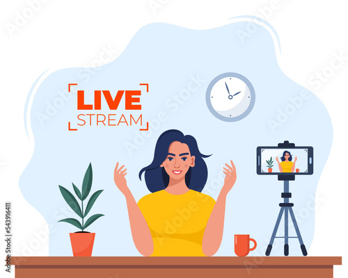 Blogger communicates in live stream with followers. Woman records video content on camera. Influencer creating video for a blog. Video blogging concept for web banner design. Vector illustration.