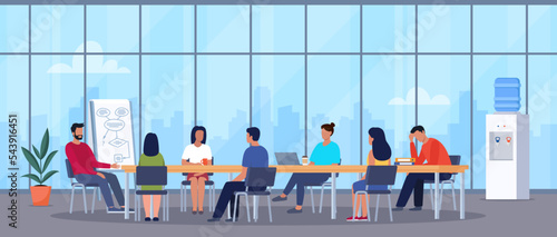 Teamwork brainstorming concept. Colleagues in the meeting room generate ideas for project. People meeting at desk in office. Vector illustration.