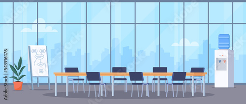 Empty conference room with big window and cityscape behind it. Meeting room for team brainstorming. Vector illustration.