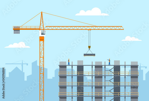 Construction site. Tower crane lifting a load. Building concrete frame. Vector illustration