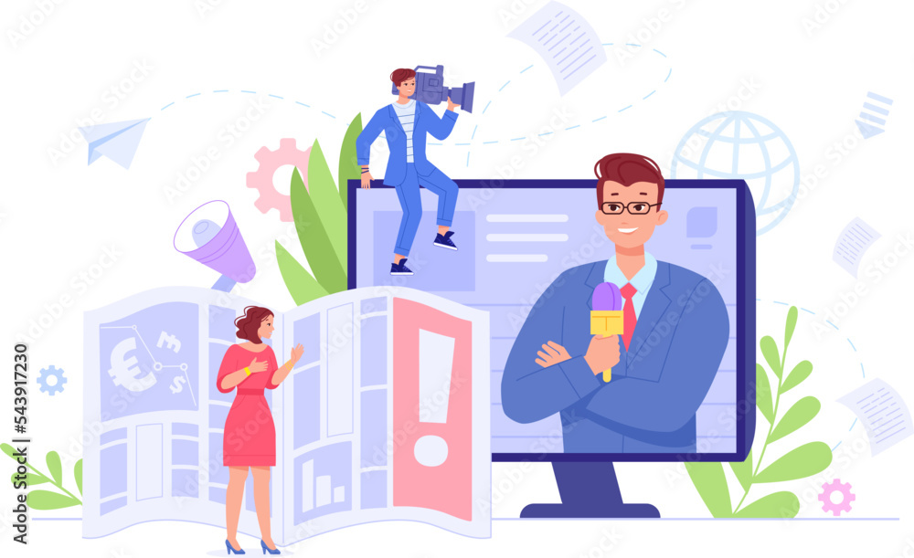 Fototapeta premium Media anchor. Newscaster person presentation global news report, tv host broadcast announcer on television screen people manipulation concept, video reporter vector illustration