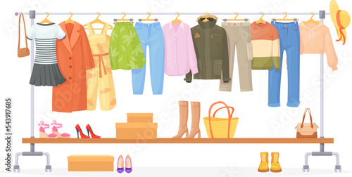 Cartoon apparel hangers. Different fashion clothes hanging on hanger rack secondhand store, jean garment wardrobe autumn winter summer charity color outfit neat vector illustration