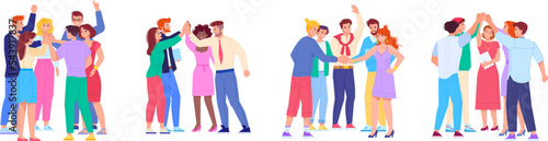 Team giving five. Positive friends employees celebration achievement, informal greeting people unity student group together success