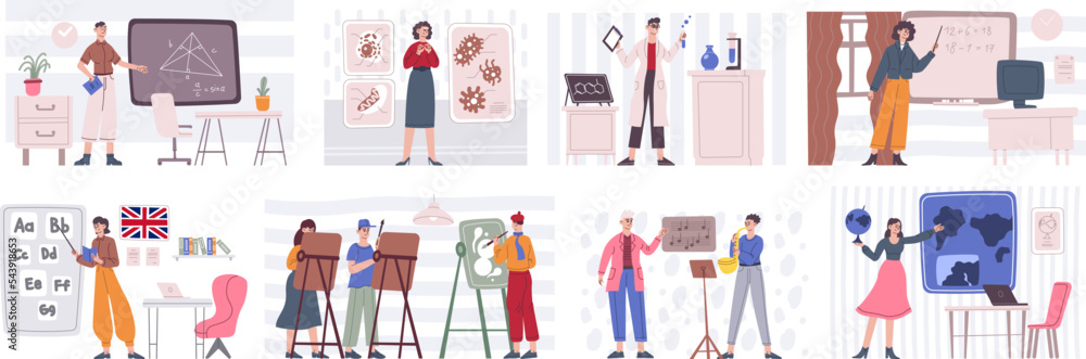 Lecturers at chalkboard. School or university teachers standing at blackboards study knowledge to students in academic classroom, college lecture work, recent vector illustration Lecturers at chalkboard. School or university teachers standing at blackboards study knowledge to students in academic classroom, college lecture work, recent vector illustration