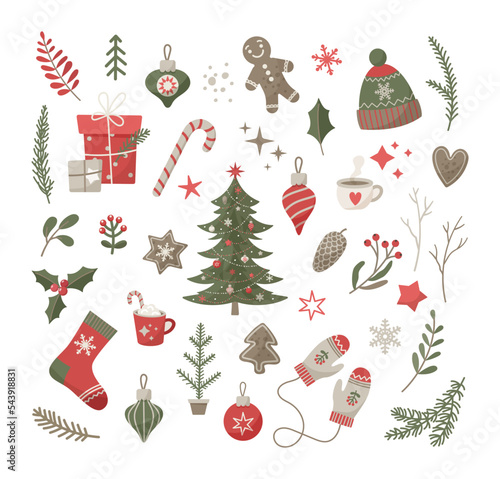 Christmas and New Year vector flat design elements. Set with Christmas tree, holly leaves, holiday gifts, Christmas toys, ginger bread, mittens, sock, hat and other winter decor accessories