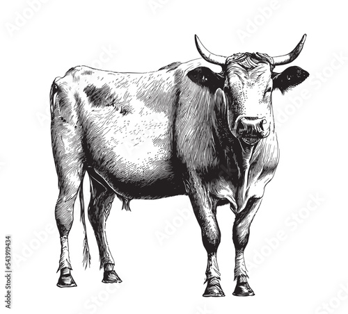 Realistic cow standing scetch hand drown.Farming.Vector illustration