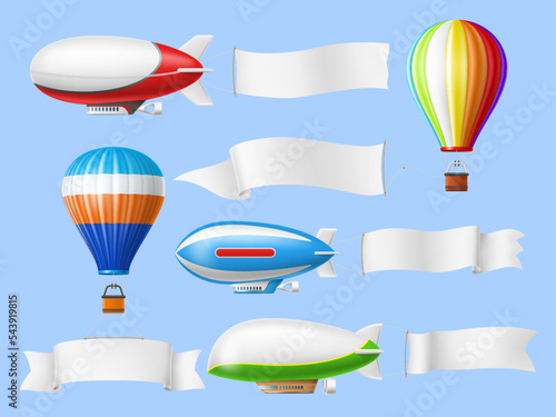 Advertising banners dirigibles. Flying retro airships, hot air balloons with textile long blank ribbons for text, sky posters mockups, journey flying aerostat, 3d elements utter vector set