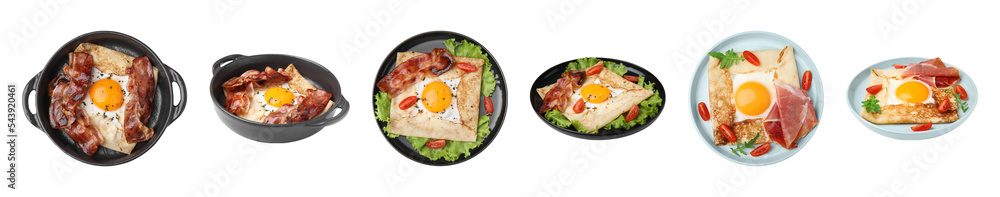 Set with delicious crepes with eggs on white background. Breton galette. Banner design Set with delicious crepes with eggs on white background. Breton galette. Banner design