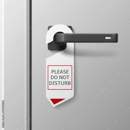 Realistic door handle hanger. Hotel cardboard hanger mockup, do not disturb, metal straight handle, interior accessory, blank paper label. 3d isolated objects, utter vector concept