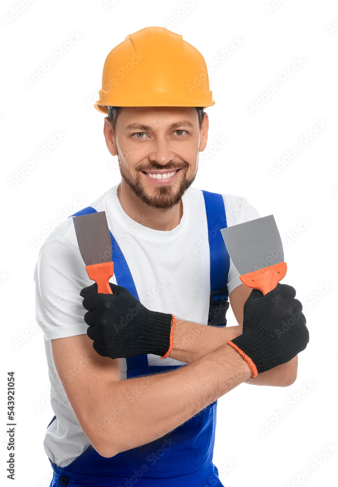 Professional worker with putty knives in hard hat on white background Professional worker with putty knives in hard hat on white background
