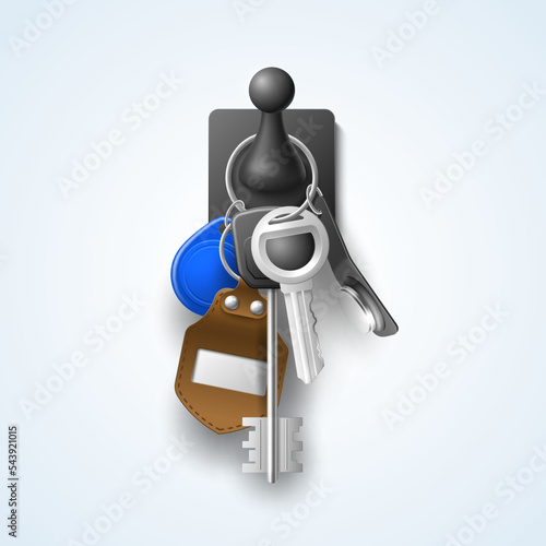 Realistic keys bunch. Metal modern keys with pendant hanging on hook, modern tags and pendants, wall background 3d steel and magnetic objects with keychain. Home property utter vector concept