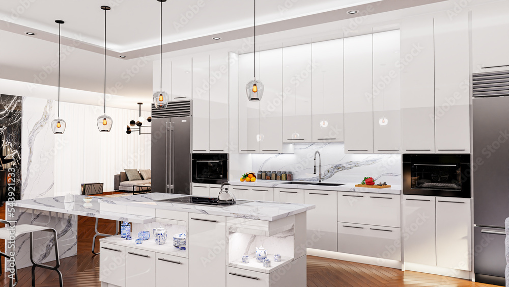 Modern open style quartz kitchen island, interior design of white ...