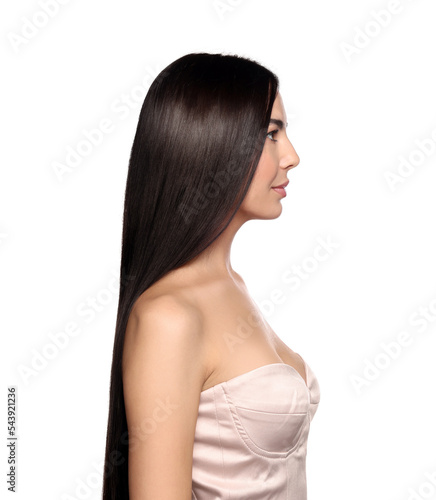 Beautiful young woman with healthy strong hair on white background