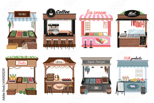 Street markets. Cartoon kiosks with different products without sellers, food and drinks collection, bakery, vegetables and fruits shop, ice-cream and milk, tidy vector cartoon flat set
