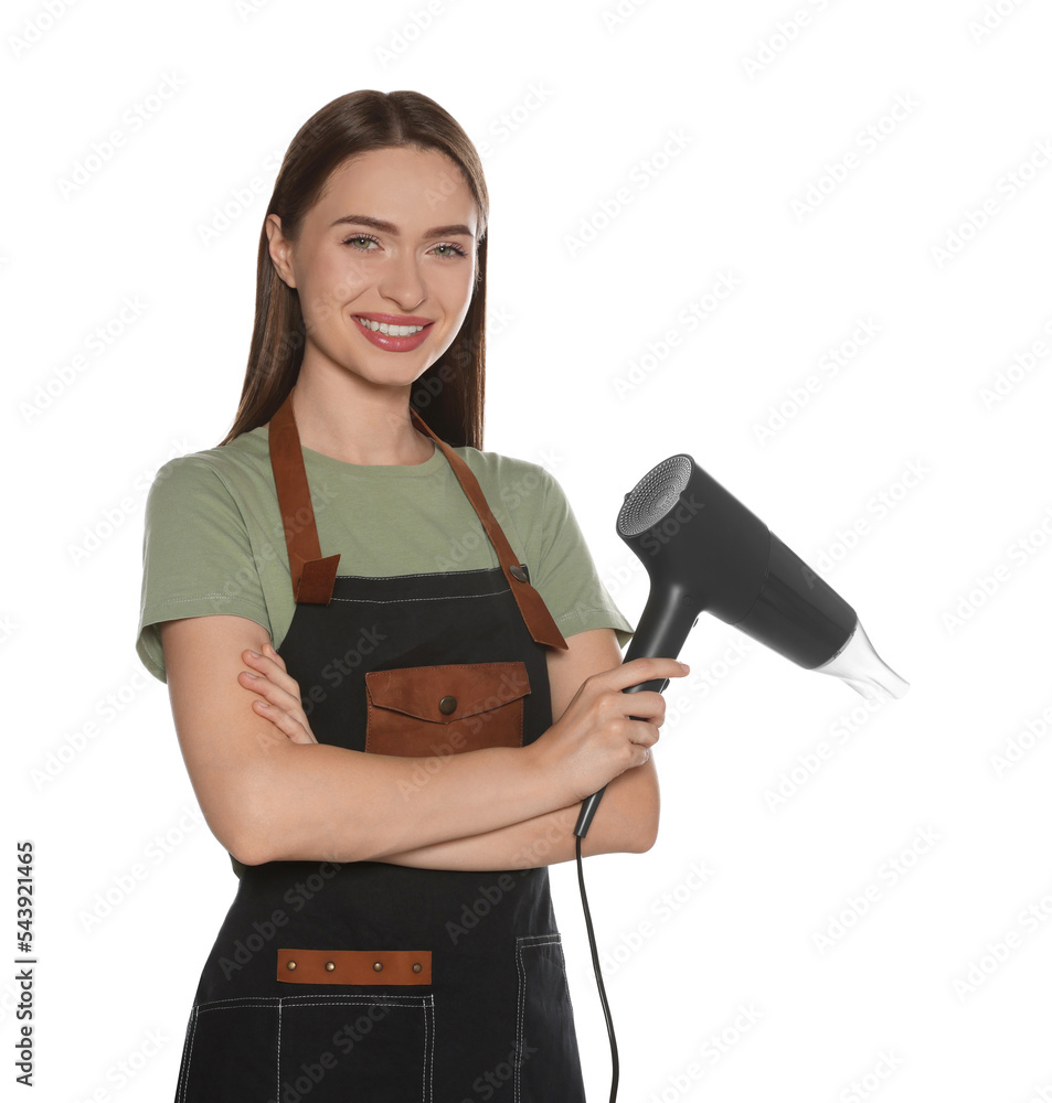 Portrait of happy hairdresser with hairdryer and round brush on white background Portrait of happy hairdresser with hairdryer and round brush on white background