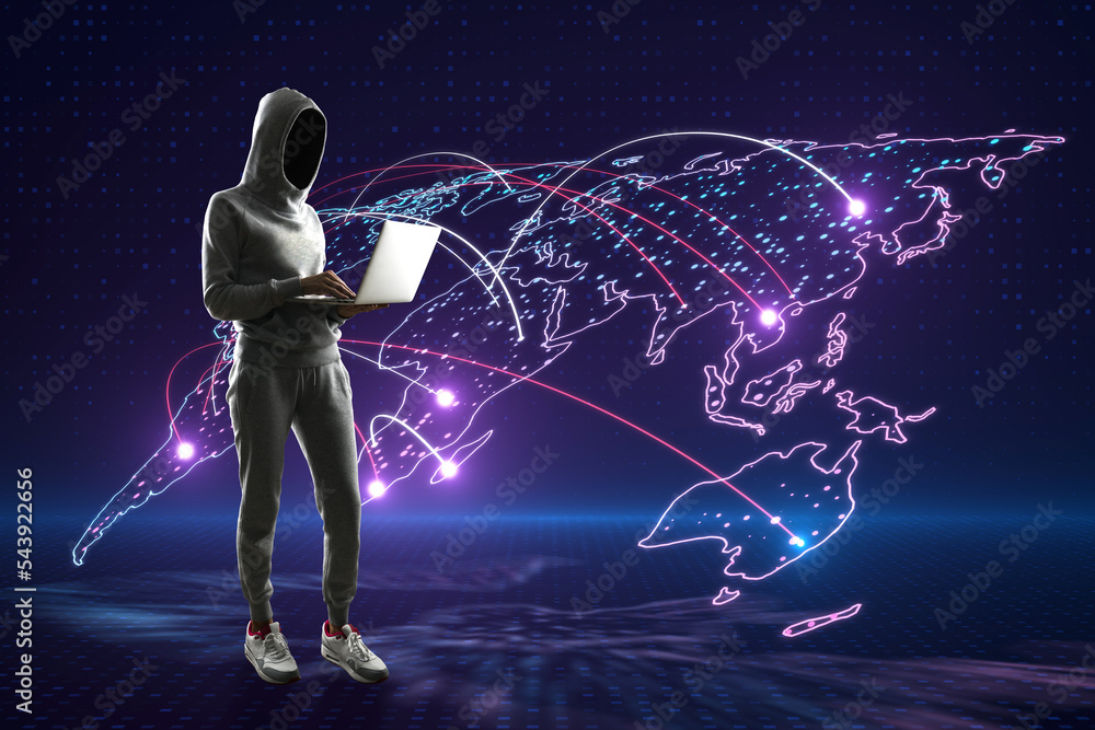 Obraz premium Hacker in hoodie using laptop with glowing map and connections on purple background. Global network, hacking and digital world concept.