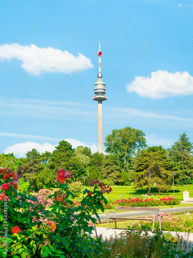 Obraz premium View with The Donauturm(Danube Tower) located in Donau Park. Iconic tower with observation terraces. Famous touristic attraction