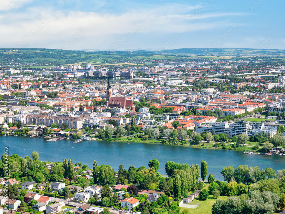 Beautiful aerial view with Donaustadt district and Danube river in Vienna, Austria.