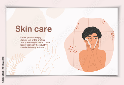 Routine skin care. Happy
a handsome man, cartoon, character, is engaged in daily facial hygiene using cosmetology skin care products.