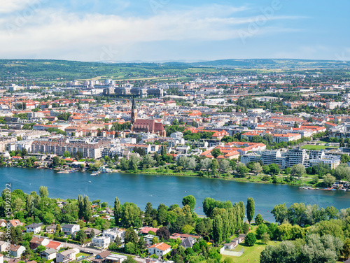 Beautiful aerial view with Donaustadt district and Danube river in Vienna, Austria.