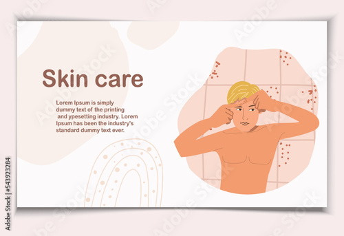 Routine skin care. Happy
a handsome man, cartoon, character, is engaged in daily facial hygiene using cosmetology skin care products, squeezes a pimple.