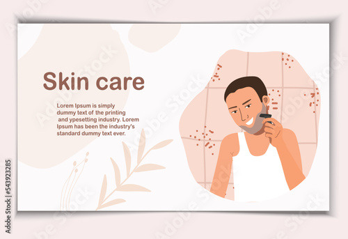 Routine skin care. Happy
a handsome man, cartoon, character, is engaged in daily facial hygiene, shaves.