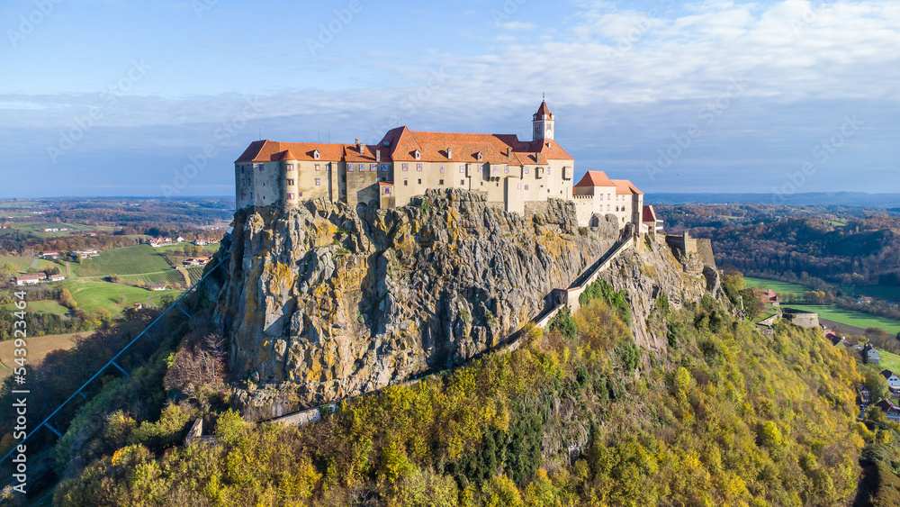Aerial view of the famous Riegersburg castle in the austrian region Steiermark on a beautiful autumn day