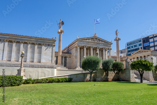 Greek flag and Olympian Gods from the Academy of Athens Greece photo