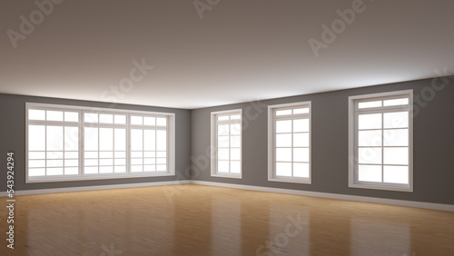 Empty Gray Interior with Four Windows, Light Glossy Parquet Floor and a White Plinth. Corner of the Room with Perspective View. 3D rendering with a Work Path on the Windows. 8K Ultra HD, 7680x4320