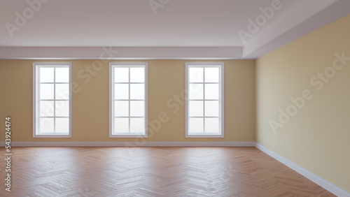 Room with Beige Walls, White Ceiling and Conrnice, Three Large Windows, Herringbone Parquet Floor and a White Plinth. Beautiful Concept of the Interior, 3D Rendering. Ultra HD 8K, 7680x4320, 300 dpi