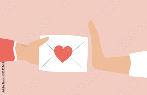Woman refusing a letter or envelope with red heart containing a love confession and affection from a man. Concept of unsolicited love declaration, relationships breakup, friend zone and broken heart.