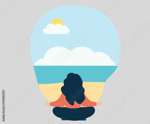 A meditating woman practices yoga on the beach. Calm female in lotus pose doing breathing exercises in front of a nature view. Mindfulness, Zen, Guided Meditation, Landscape, Harmony Concept. 
