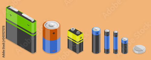 3D Isometric Flat Vector Conceptual Illustration of Battery Set, Alkaline Batteries Dfferent Size