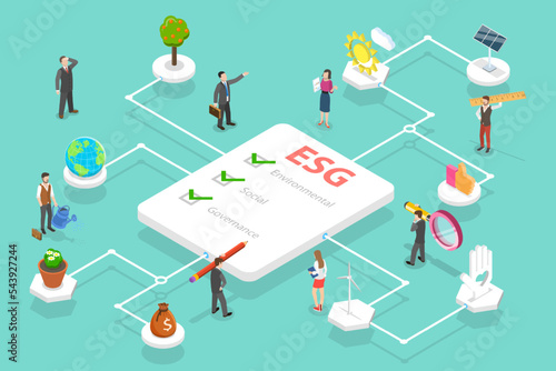 3D Isometric Flat Vector Conceptual Illustration of ESG as Environmental, Social and Corporate, Sustainable Economic Growth with Renewable Energy and Natural Resources