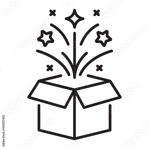Magic box outline icon. Open gift box and magic stars Vector illustration.