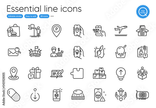 Leadership, Ice cream and Volunteer line icons. Collection of Wholesale goods, Search mail, Search employee icons. Parking, Business growth, Scroll down web elements. Departure plane. Vector